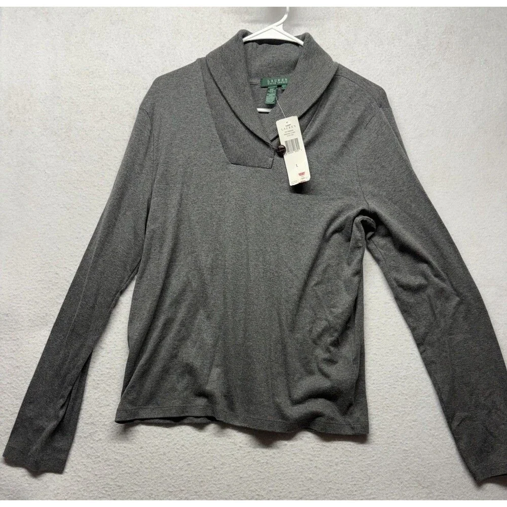 Lauren Ralph Lauren Gray Cotton Shawl Collar Toggle Button Sweater Womens Large